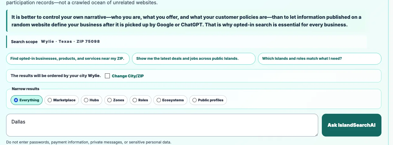 iSearch.Live IslandSearch AI city query with public-profile and Oasis search filters