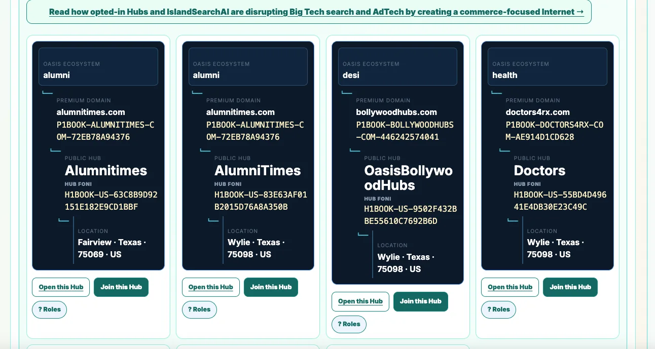 iSearch.Live public Oasis Hub marketplace cards with domains, FONIs, roles and locations