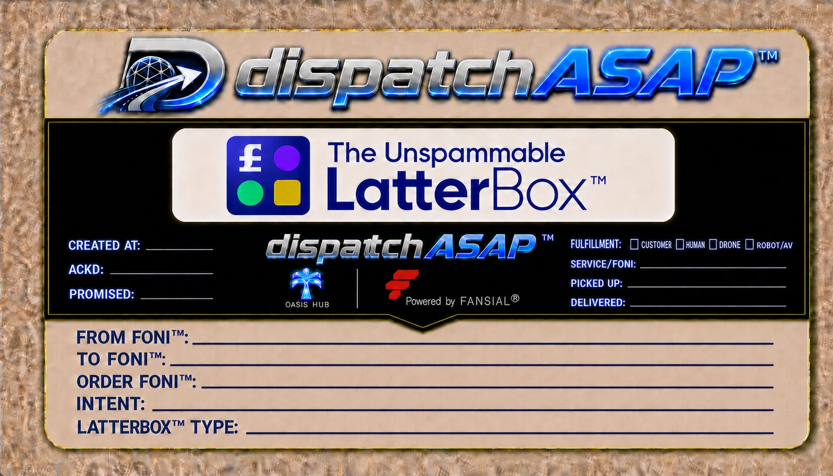 Fansial Oasis LatterBox dispatchASAP card